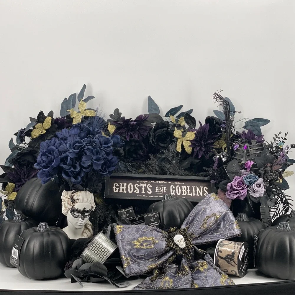Lot of 32 Gothic Halloween Floral/Wreath/Pumpkins Black Purple Gold Decor